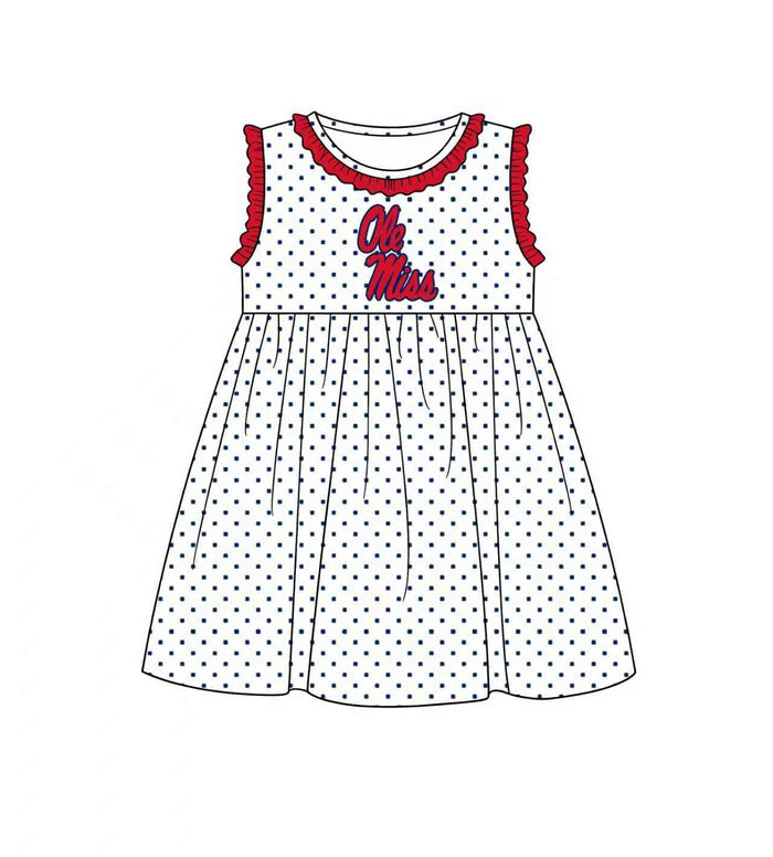 (Custom Design Preorder MOQ 5) Kids Girls Teams Ole Miss Navy Polka Dot Sleeveless Dress
