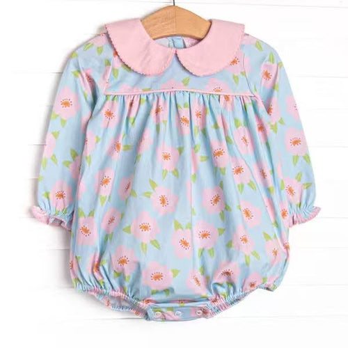 (Custom Design Preorder MOQ 5 ) Pink Flowers Blue Print Baby Girls Doll Collar Romper
