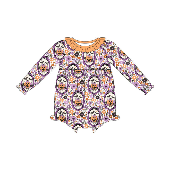 (Custom Design Preorder MOQ 5 ) Pumpkin Flowers Bows Print Baby Girls Halloween Long Sleeve Romper