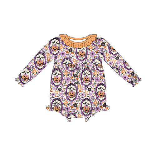 (Custom Design Preorder MOQ 5 ) Pumpkin Flowers Bows Print Baby Girls Halloween Long Sleeve Romper
