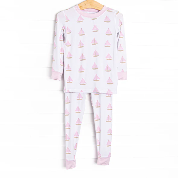 (Custom Design Preorder MOQ 5) Sailboat Pink Print Girls Fall Pajamas Clothes Set