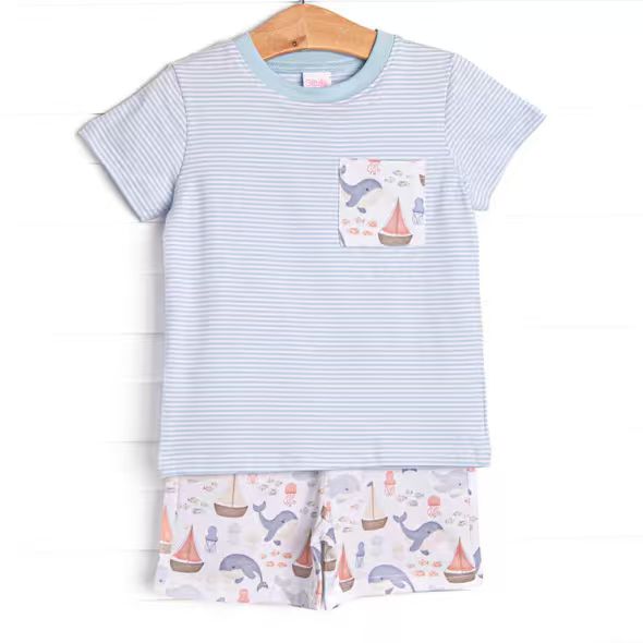 (Custom Design Preorder MOQ 5) Stripes Pocket Top Whale Boat Shorts Boys Summer Outfits