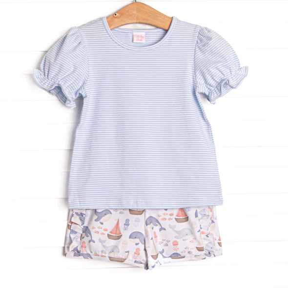 (Custom Design Preorder MOQ 5) Stripes Top Whale Boat Shorts Girls Summer Outfits