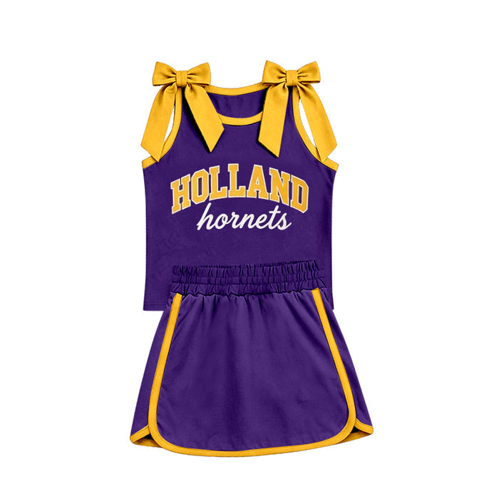 (Custom Design Preorder MOQ 5) Teams Holland hornets Bows Top Purple Skort Girls Summer Clothes Set