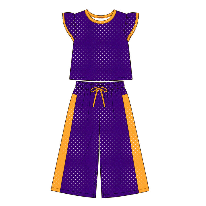 (Custom Design Preorder MOQ 5) Teams Purple Polka Ruffle Sleeve Top with Wide Pants Outfit