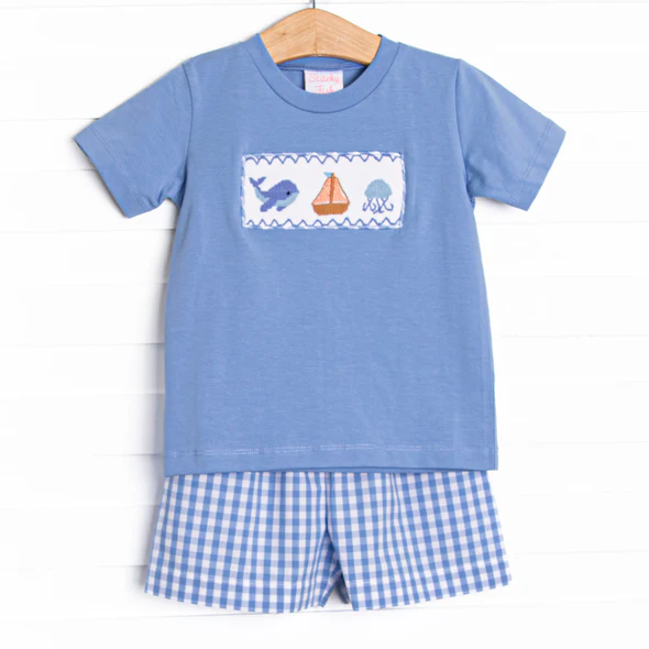 (Custom Design Preorder MOQ 5)  Whale Boat Blue Top Plaid Shorts Boys Summer Outfits