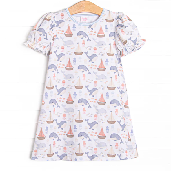 (Custom Design Preorder MOQ 5) Whale Boat Print Girls Summer Dress