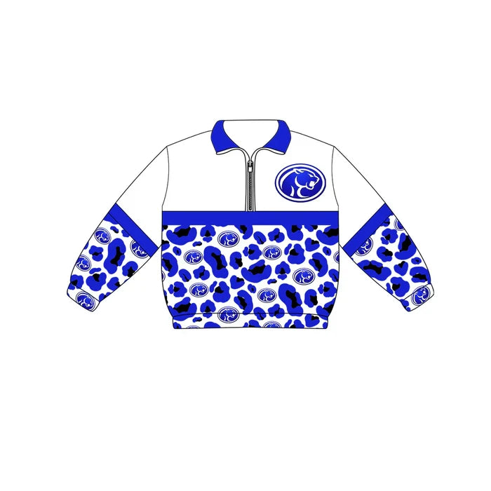 (Custom  Preorder MOQ 5) Baby Boys Long Sleeve Hot Blue Leopard Cougars Team Zip Pullovers Top