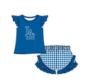 (Custom  Preorder MOQ 5) Baby Girls Blue LA Top Checked Ruffle Short Team Clothes Set
