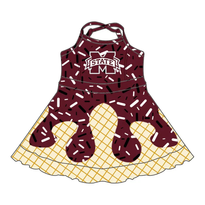 (Custom Preorder MOQ 5) Baby Girls Drip Sprinkles M State Team Shorts Ruffle Knee Length Dress