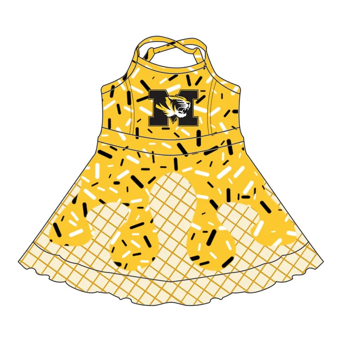 (Custom Preorder MOQ 5) Baby Girls Drip Sprinkles M Tigers Team Shorts Ruffle Knee Length Dress