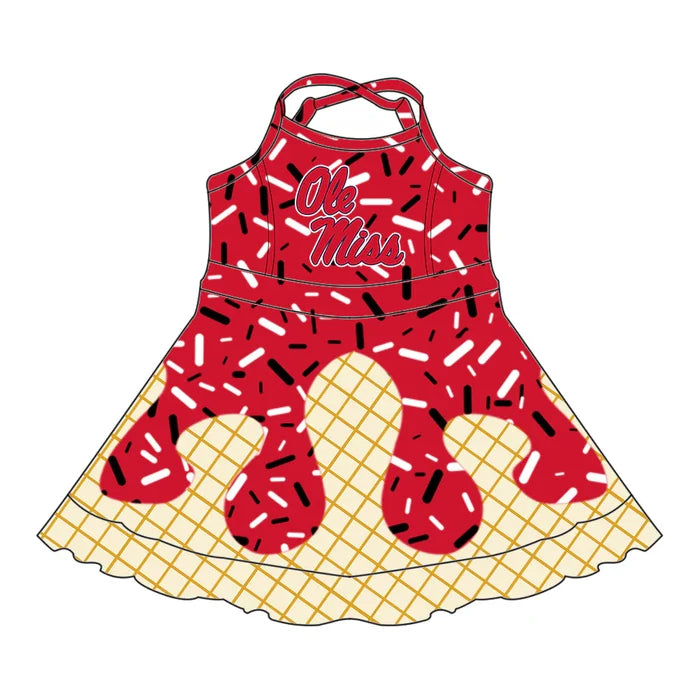 (Custom Preorder MOQ 5) Baby Girls Drip Sprinkles Ole Miss Team Shorts Ruffle Knee Length Dress