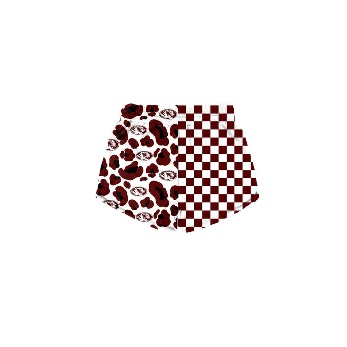 (Custom  Preorder MOQ 5) Baby Girls Maroon Checked Leopard Silsbee Tigers Team Shorts Bottom