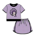(Custom  Preorder MOQ 5) Baby Girls Purple Checked Vikings Shirt Top Skirt Short Team Clothes Sets