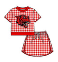 (Custom  Preorder MOQ 5) Baby Girls Red Checked Kirbyville Wildcat Shirt Top Skirt Short Team Sets