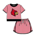 (Custom  Preorder MOQ 5) Baby Girls Red Checked Louisville Cardinals Shirt Top Skirt Short Team Sets