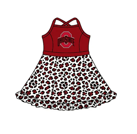 (Custom  Preorder MOQ 5) Baby Girls Strap Leopard Ohio State Team Knee Length Dress