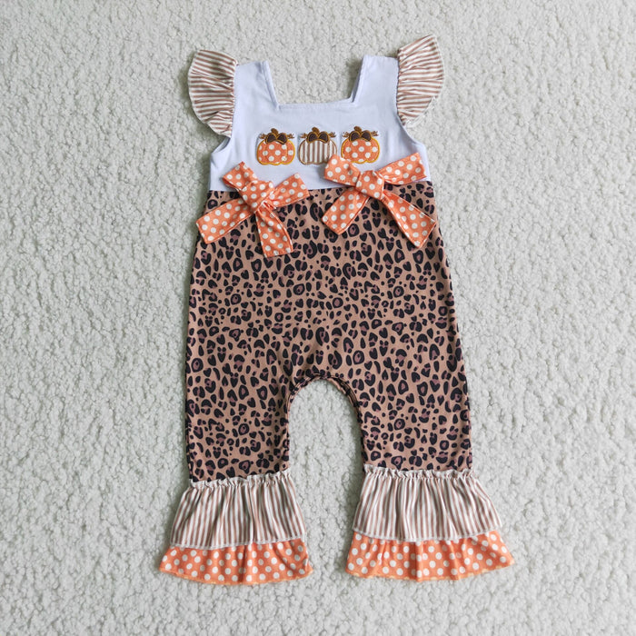 D1-15 Fall Pumpkin Embroidery Leopard Baby Girls Ruffle Romper