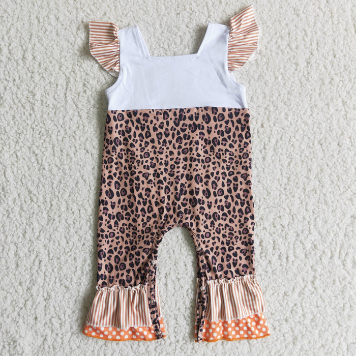 D1-15 Fall Pumpkin Embroidery Leopard Baby Girls Ruffle Romper