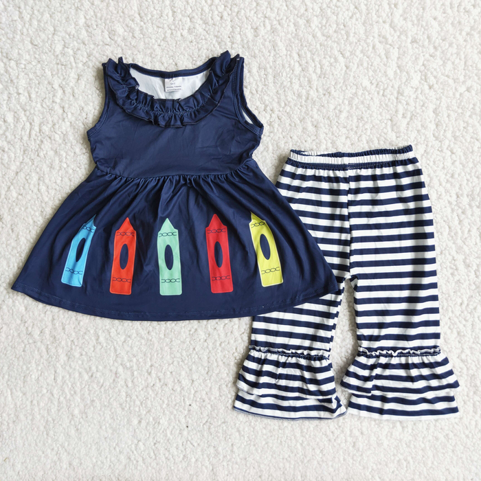 D3-28 Pen Sleeveless Tunic Top Ruffle Capri Pants Girls Back to School Outfits