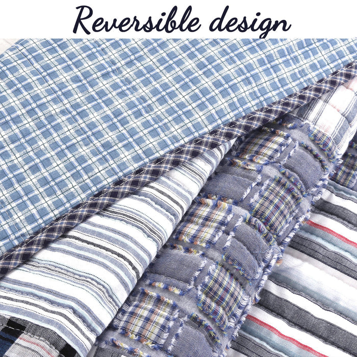 Daniel Stripe Plaid Blue Real Patchwork Cotton Reversible Quilt Bedding Set