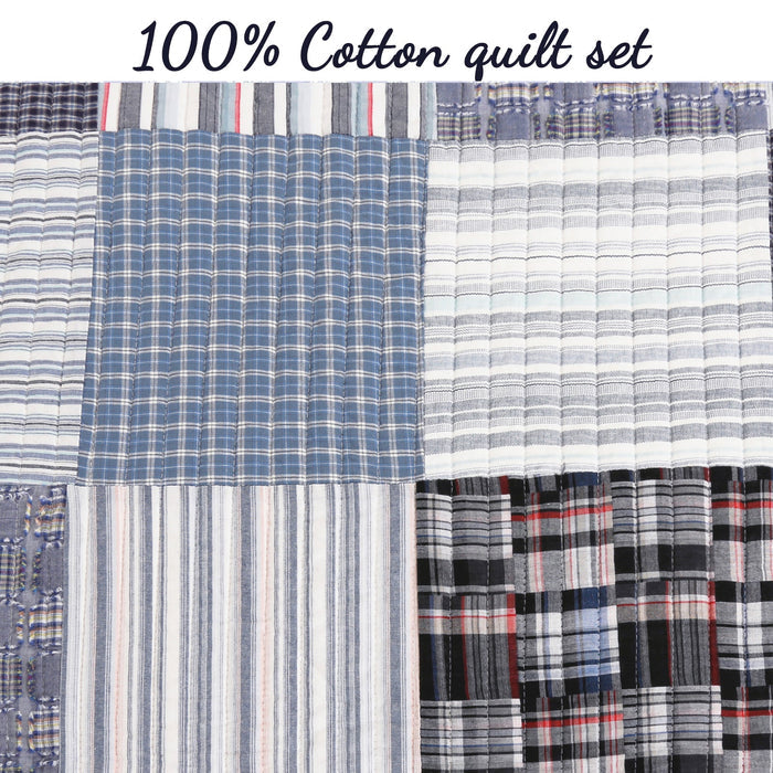 Daniel Stripe Plaid Blue Real Patchwork Cotton Reversible Quilt Bedding Set