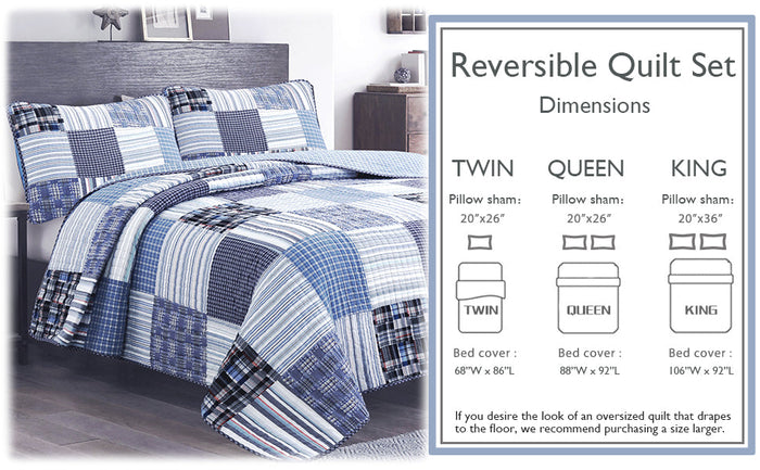 Daniel Stripe Plaid Blue Real Patchwork Cotton Reversible Quilt Bedding Set
