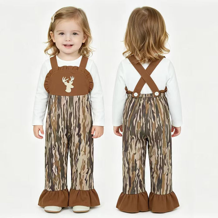 Deer Embroidery Overalls - Baby Girls Camo Brown Ruffle Trim Hunting Print Jumpsuits