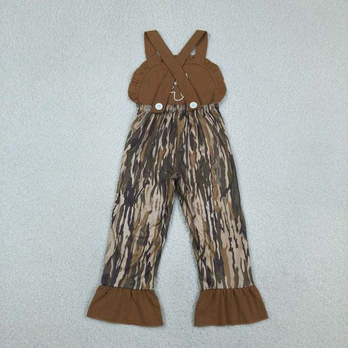 Deer Embroidery Overalls - Baby Girls Camo Brown Ruffle Trim Hunting Print Jumpsuits