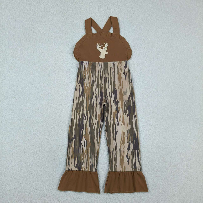 Deer Embroidery Overalls - Baby Girls Camo Brown Ruffle Trim Hunting Print Jumpsuits