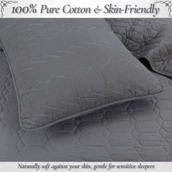 Diamond Honeycomb Solid Chic Gray 3 Piece Cotton Reversible Quilt Bedding Set