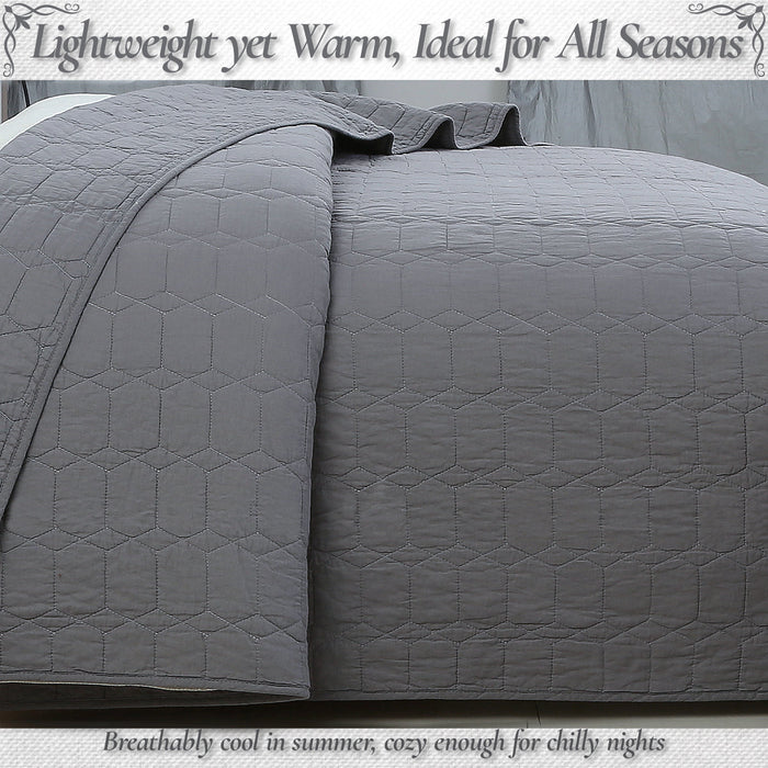 Diamond Honeycomb Solid Chic Gray 3 Piece Cotton Reversible Quilt Bedding Set