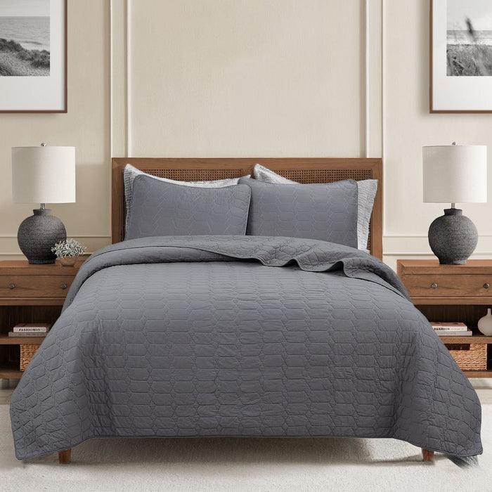 Diamond Honeycomb Solid Chic Gray 3 Piece Cotton Reversible Quilt Bedding Set