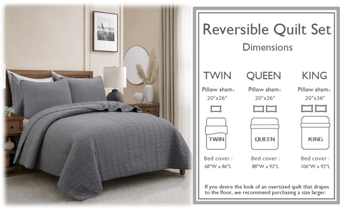Diamond Honeycomb Solid Chic Gray 3 Piece Cotton Reversible Quilt Bedding Set