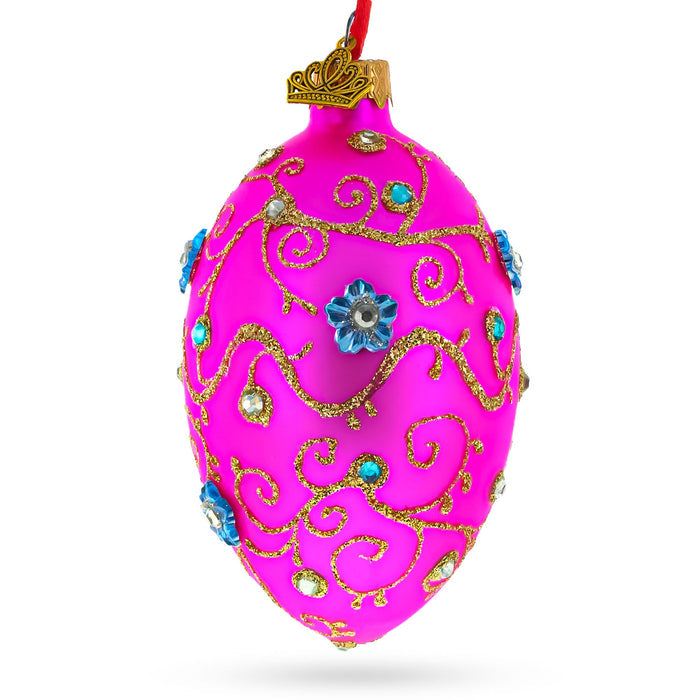Diamond Swirl Flowers Pink Glass Egg Christmas Ornament 4 Inches