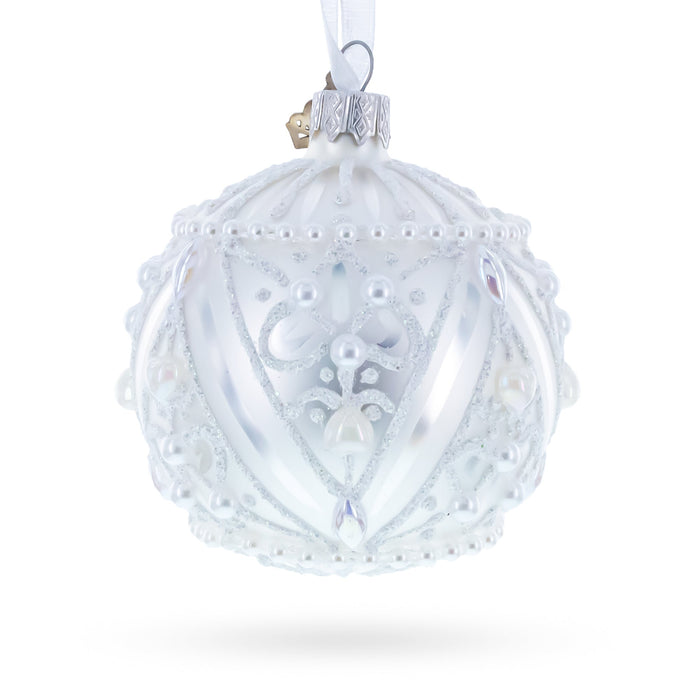 Dimensional Pearl Drops on White Ball Glass Christmas Ornament 3.25 Inches