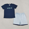 Duck Embroidery Navy Top Blue Check Shorts Boys Summer Clothes Set