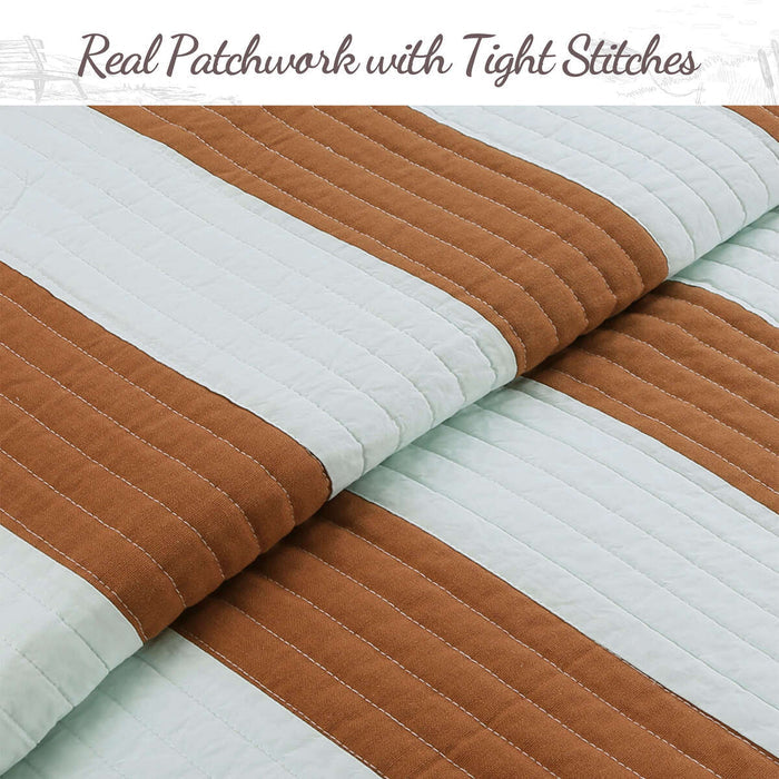 Elaina Brick Red Aqua Striped 3-Piece Cotton Reversible Quilt Bedding Set
