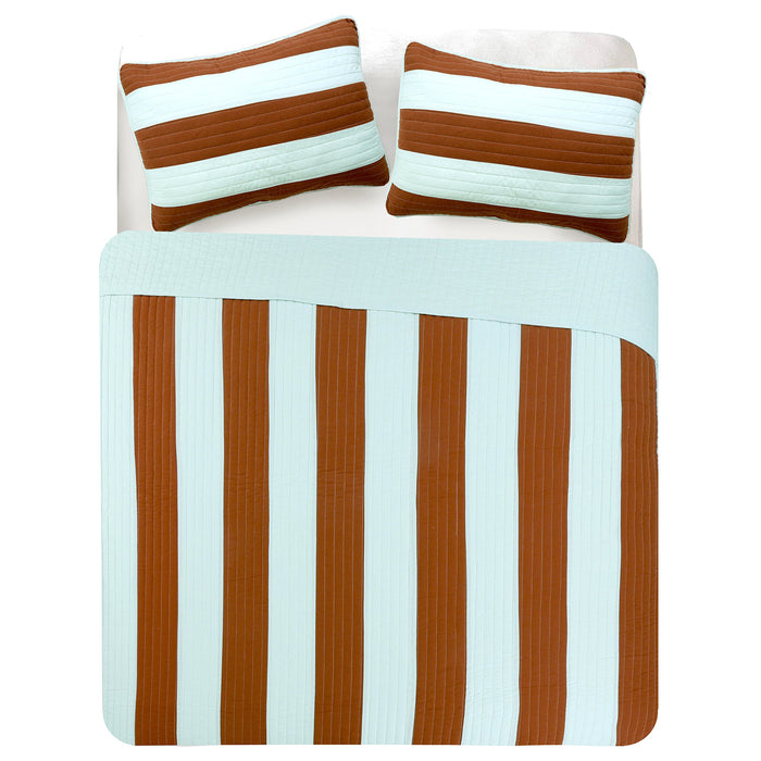 Elaina Brick Red Aqua Striped 3-Piece Cotton Reversible Quilt Bedding Set