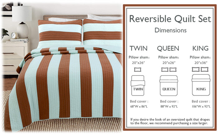Elaina Brick Red Aqua Striped 3-Piece Cotton Reversible Quilt Bedding Set