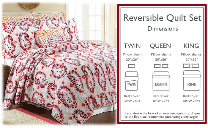 Elamin Paisley Red Queen 3-Piece Reversible Quilt Bedding Set
