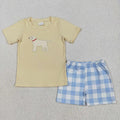Embroidery Baby Boys Yellow Dog Top Checkered Shorts Clothes Sets