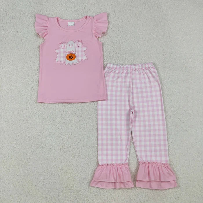 Embroidery Baby Girls Halloween Ghosts Pumpkins Top Pants Halloween Sets