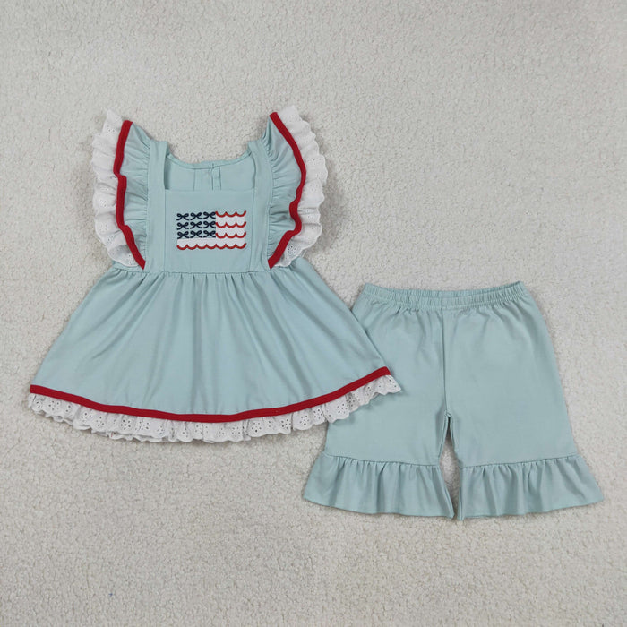 Embroidery Flags Baby Girls Flutter Sleeve Tunic Ruffle Shorts 4th of July cotton Outfit
