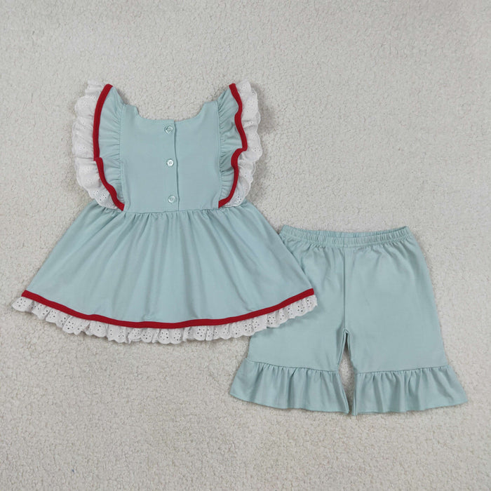 Embroidery Flags Baby Girls Flutter Sleeve Tunic Ruffle Shorts 4th of July cotton Outfit