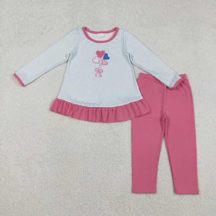 Embroidery  Heart Blue Gingham Long Sleeve Tunic Top with Pink Leggings Valentines Outfit