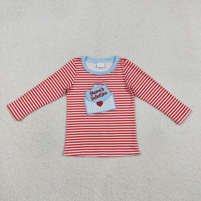 Embroidery Heart Mama's Letters Baby Boys Red Striped Valentines T-shirt Shirts Top