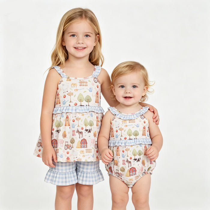 Farm Animal Print Sumer Shorts Outfit+Bubble Romper For Sibling Sister
