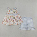 Farm Animal Print Sumer Shorts Outfit+Bubble Romper For Sibling Sister