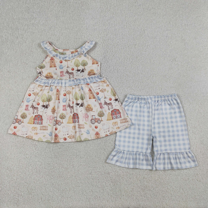 Farm Animal Print Sumer Shorts Outfit+Bubble Romper For Sibling Sister